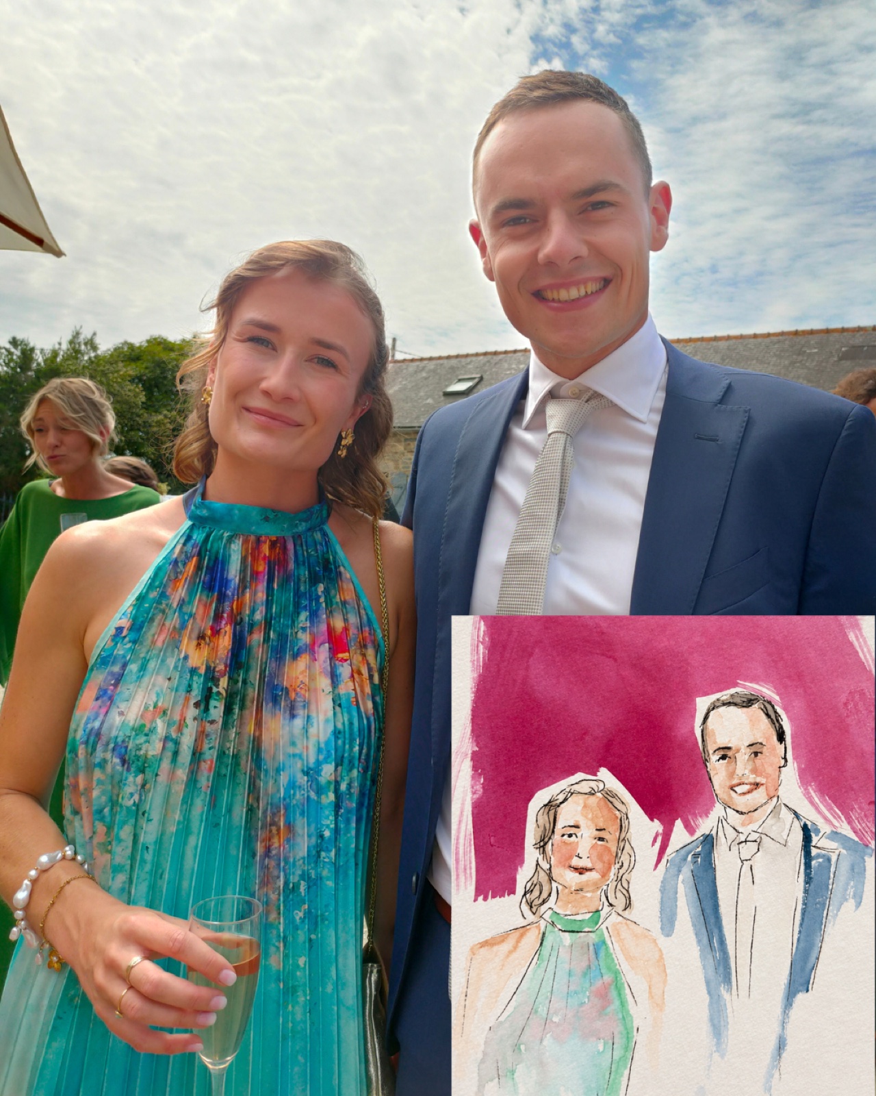 Un couple d’invités et son portrait réalisé pendant le mariage