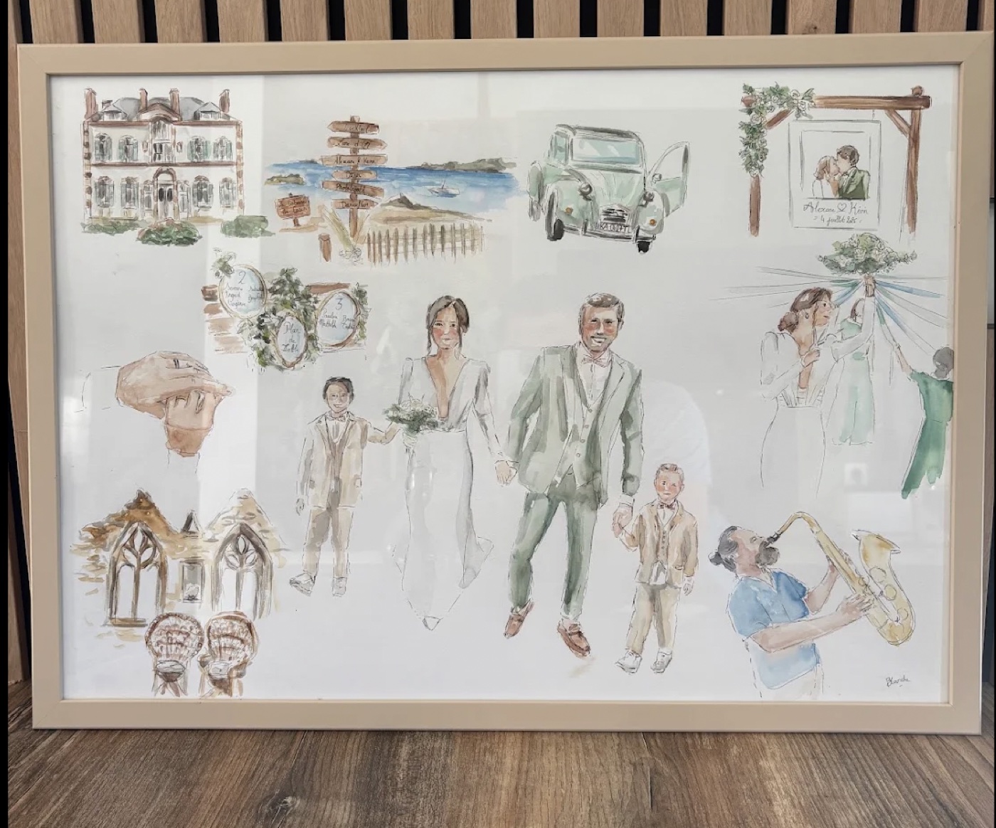 Toile de mariage terminée réunissant les souvenirs des mariés